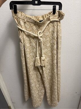 Adrianna Papell Cream Paisley Wide-Leg Pant with Tassel Belt